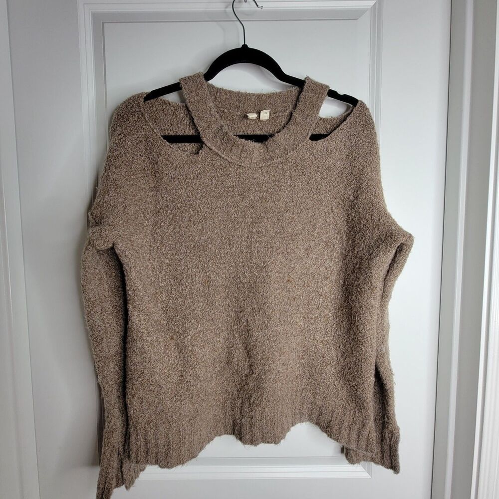 Anthropologie Sz M Wool Alpaca Blend Stretch Knit Cut Out Cold Shoulder Sweater